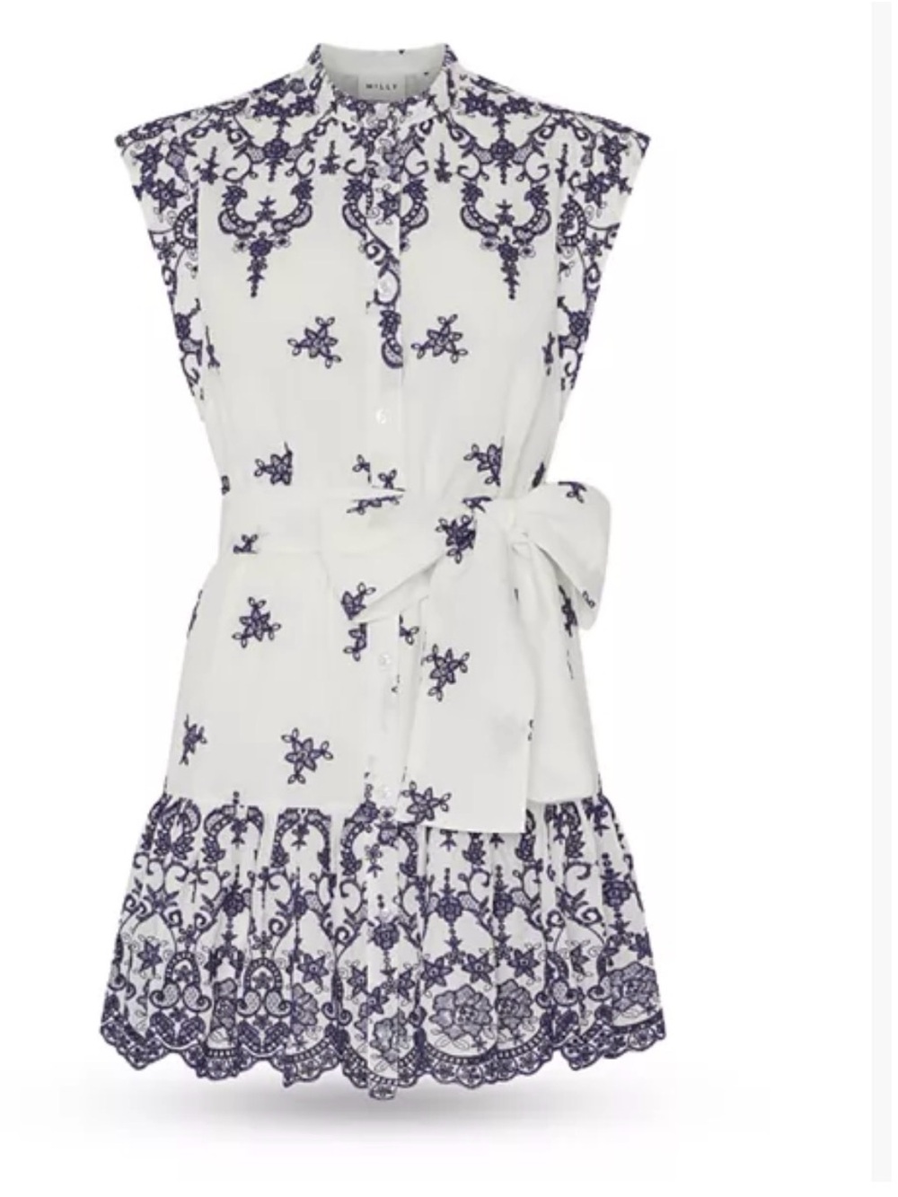 Milly Floating petals eyelet high collar belted dress blue white $350. Size-2